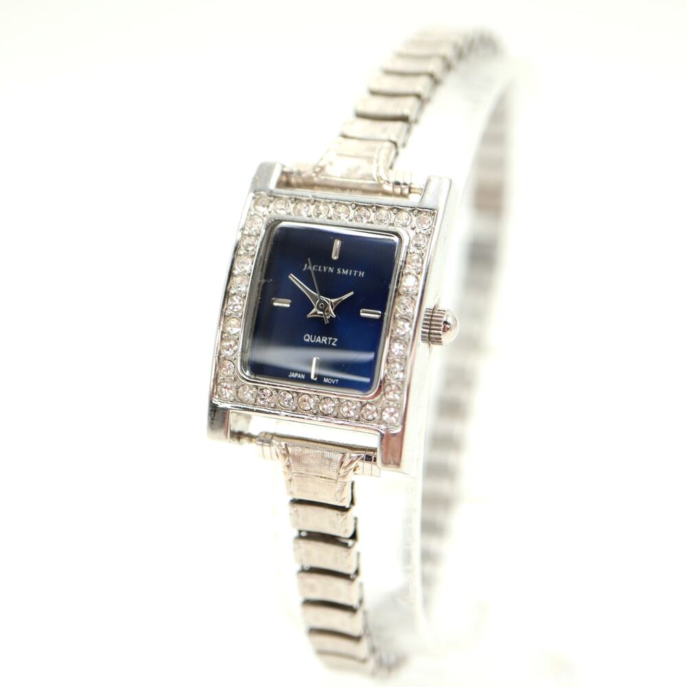 Jaclyn Smith Silver Tone Blue 20mm Tank Womens Watch Stretch Band w New Battery